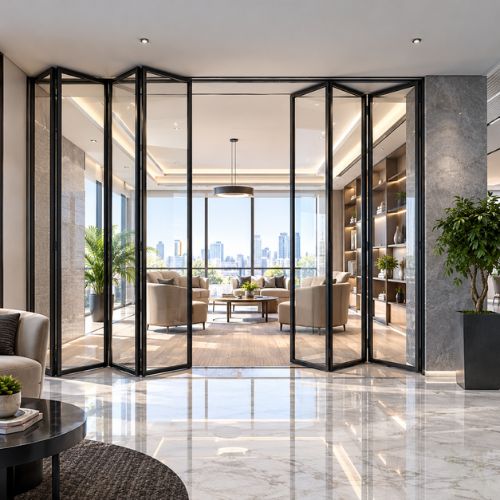Sliding and folding glass partitions